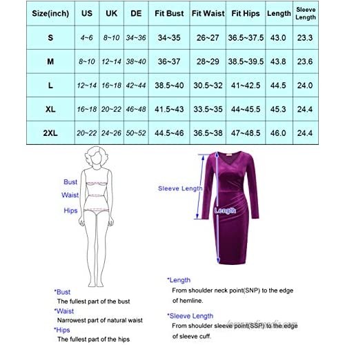 Belle Poque Women's Long Sleeve Cocktail Dress Pleated Stretchy Bodycon Pencil Dress