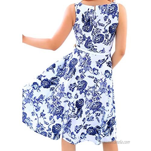 EFOFEI Womens Floral Printed Sleeveless Vintage Swing Summer Midi Party Retro Dress