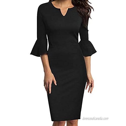 Lightning Deals Womens Dresses ZYooh Elegant V-Neck Flounce Bell Sleeve Office Business Pencil Bodycon Gown