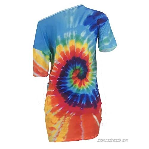 Womens Casual T Shirt Dress - One Off Shoulder Colorful Tie Dye Loose Dresses