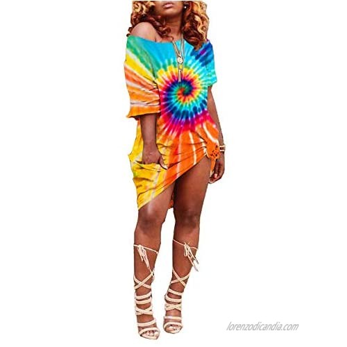 Womens Casual T Shirt Dress - One Off Shoulder Colorful Tie Dye Loose Dresses