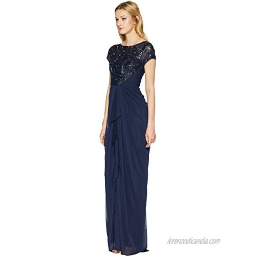 Adrianna Papell Women's Long Stretch Tulle Dress with Metallic Embroidered Bodice