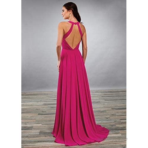 Halter Pleated Bodice A Line Bridesmaid Dress Chiffon Long Backless Evening Prom Gown