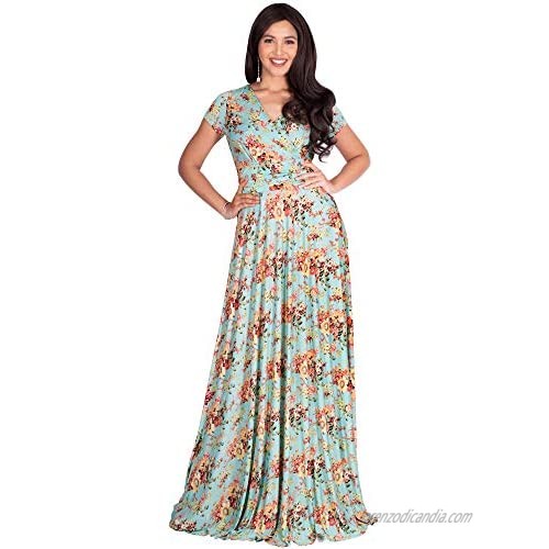 KOH KOH Womens Cap Sleeves Floral Print V-Neck Summer Elegant Long Maxi Dress