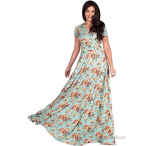 KOH KOH Womens Cap Sleeves Floral Print V-Neck Summer Elegant Long Maxi Dress