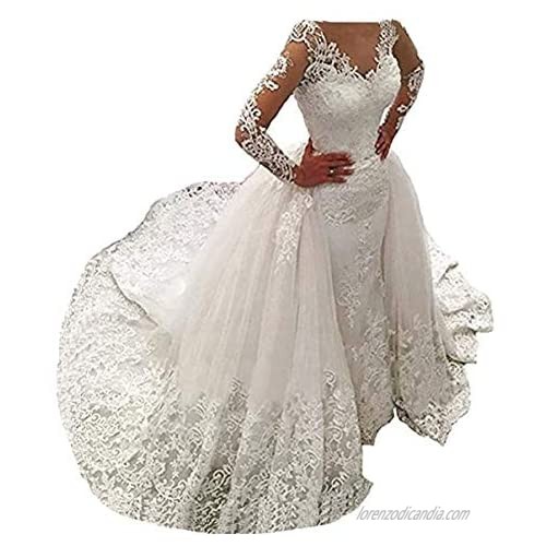 Long Sleeves Lace Wedding Dresses Bridal Gowns Mermaid Wedding Dresses for Bride with Detachable Train