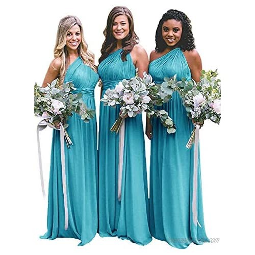 MEET Women's A-Line One Shoulder Bridesmaid Dresses Long Ruched Chiffon Wedding Formal Dress