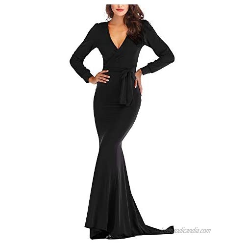 Women's Mermaid V-Neck Long Sleeve Halloween Party Maxi Dress with Belt