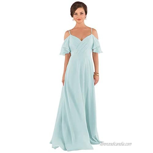 Yilis Women's Spaghetti Strap V-Neck Long Bridesmaid Dresses A-line Formal Evening Gown with Ruffle Sleeves