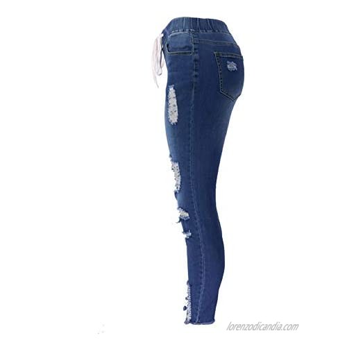 Atditama Women's Mid-Rise Drawstring Jeans Skinny Slim Distressed Ripped Holes Elastic Waist Jogger Denim Pants