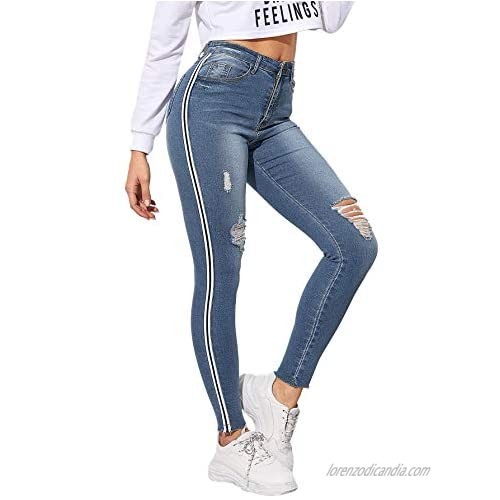 Milumia Women's Mid Waist Skinny Ripped Denim Jeans Stripe Side Pants Jeggings