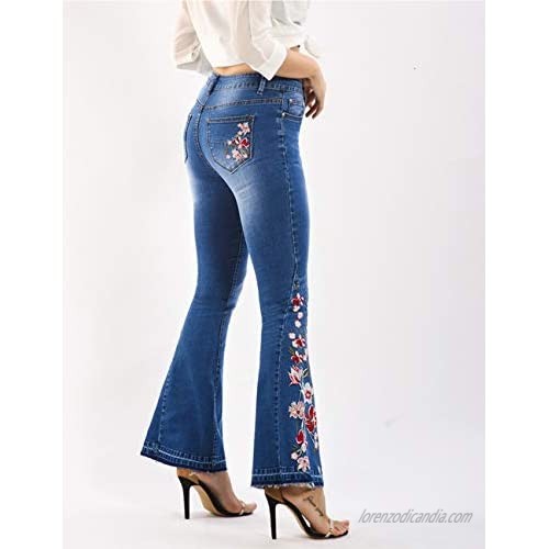 ZENTHACE Women's Floral Embroidered Mid Rise Flare Denim Pants Bell Bottom Jeans