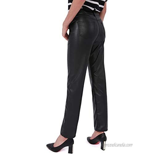 Balleay Art Faux Leather Pants for Women Straight Leg Mid Waist Butt Lift Elastic Black Pants with 5 Pockets