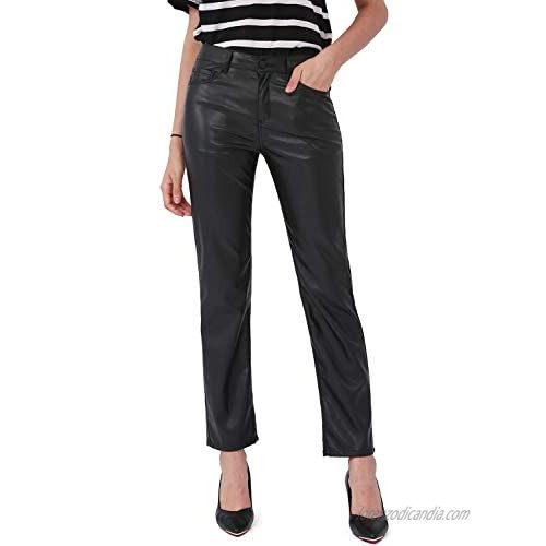 Balleay Art Faux Leather Pants for Women  Straight Leg Mid Waist Butt Lift Elastic Black Pants with 5 Pockets