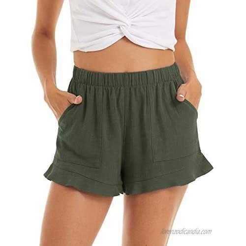CRYSULLY Women's Comfy Summer Casual Ruffle Hem Shorts Elastic Waist Cotton Linen Lounge Shorts with Pockets