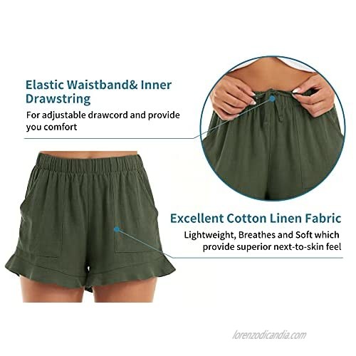 CRYSULLY Women's Comfy Summer Casual Ruffle Hem Shorts Elastic Waist Cotton Linen Lounge Shorts with Pockets