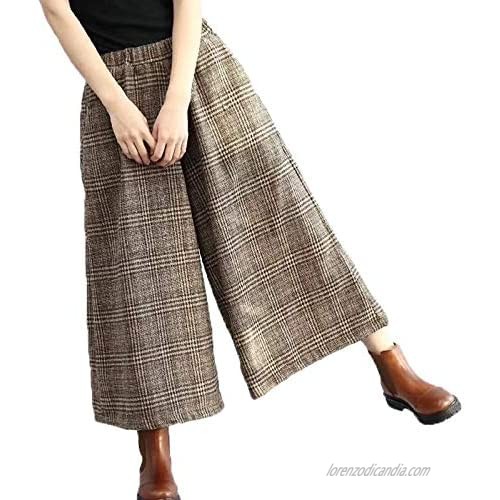 Flygo Womens Casual Loose Wool Blend Plaid Cropped Wide Leg Pants Trousers