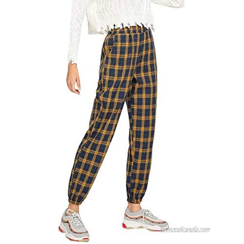 Milumia Women's Plaid Elastic High Waisted Pants Party Carrot Sweatpant with Pocket