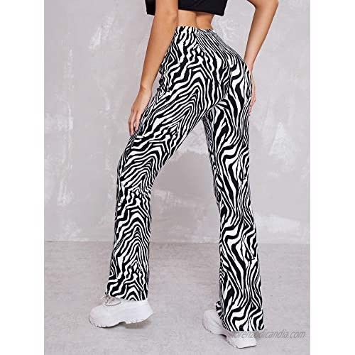 Milumia Women's Zebra Print Fashion Pants Elastic High Waist Slit Hem Casual Pants