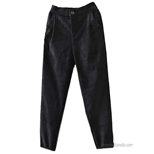 Minibee Women's Cropped Corduroy Pants Elastic Waist Retro Trouser with Pockets