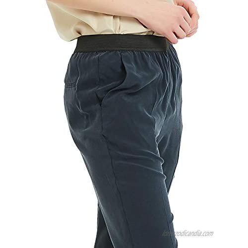 NEW DANCE Women's 100% Silk Long Elastic Waist Casual Pants Pull-on Slim with Pockets Ladies Trouser