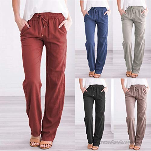Women's Casual Linen Tapered Pants Elastic Drawstring Pant Womens Drawstring Wide Leg Pant (X-Large Red wine)