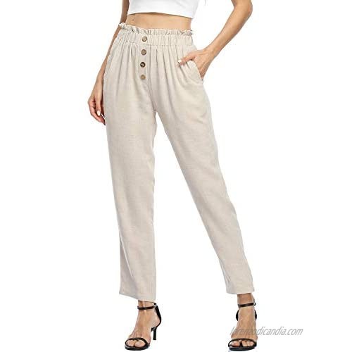Wudodo Womens Casual Linen Pants Cropped Buttons Elastic Waist Paper Bag Work Pants Lounge Pants with Pockets