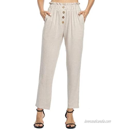 Wudodo Womens Casual Linen Pants Cropped Buttons Elastic Waist Paper Bag Work Pants Lounge Pants with Pockets