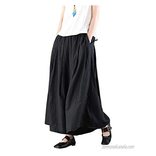 utcoco Women Elastic Waist Wide-Leg Cotton Linen Palazzo Culottes Pants