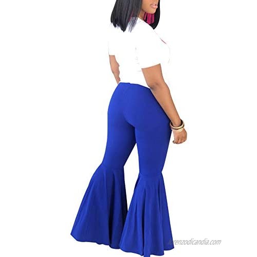 Women's Plus Size Bell Bottom Pants High Waist Casual Party Club Wide Leg Stretchy Ruffle Flare Pant Trousers