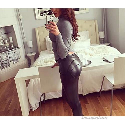 DALLNS Faux Leather PU Elastic Shaping Hip Push Up Pants Black Thick Sexy Leggings for Women