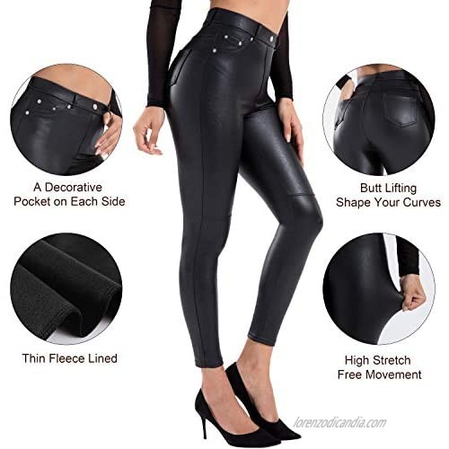 Tagoo Faux Leather Leggings for Women High Waisted Pleather Pants Stretch Tights with Pockets
