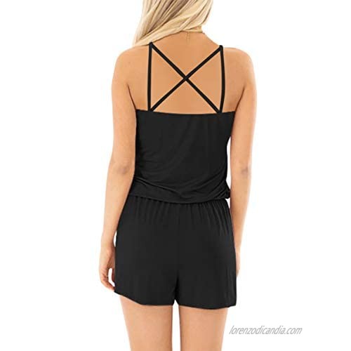 ANRABESS Women Summer Casual Sleeveless V Neck Spaghetti Strap Cirss Cross Rompers Short Jumpsuits with Pockets