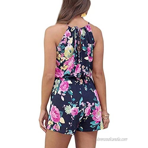 Artfish Womens Summer Sleeveless Floral Printed Short Rompers Beach Boho Jumpsuits with Pocktes