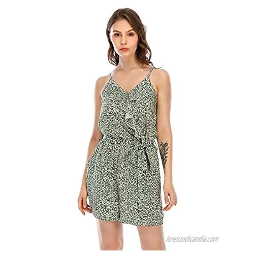 CGYY Women's V Neck Sleeveless Short Floral Boho Beach Jumpsuit Casual Romper Spaghetti Strap Bow-Knot Belted with Pocket