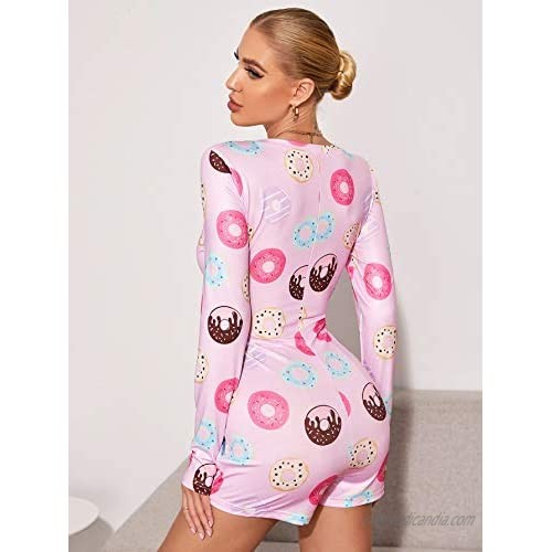 DIDK Women's Romper Sleepwear Printed Deep V Neck Button Front Long Sleeve Pajama Onesie