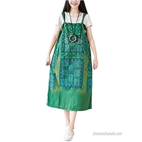 Flygo Womens Casual Midi Length Long Ethnic Printed Overall Suspender Pinafore Dress Skirt