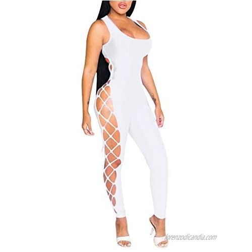 Halfword Womens One Piece Spaghetti Strap Jumpsuits-Sexy Cut Out Backless Lace Up Bandage Bodycon Club Rompers