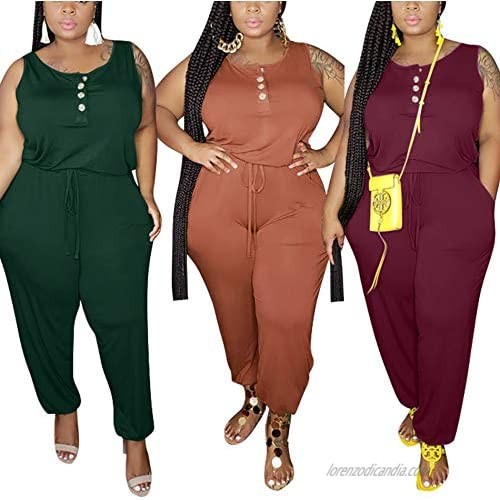 IyMoo Women's Plus Size Sleeveless Button Bodycon Drawstring Casual Jumpsuits with Pockets