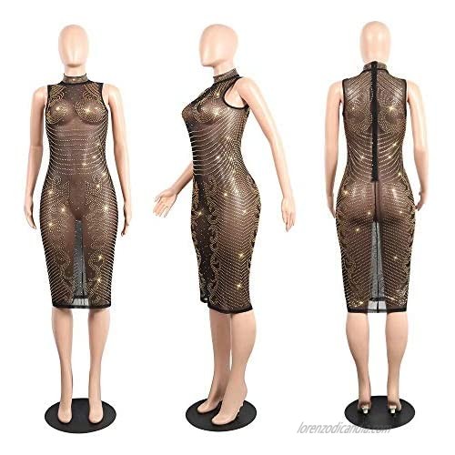 LROSEY Sequin Bodycon Dress with Sheer Mesh Lace Rhinestones Beads for Women