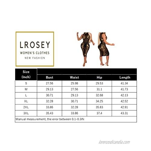 LROSEY Sequin Bodycon Dress with Sheer Mesh Lace Rhinestones Beads for Women