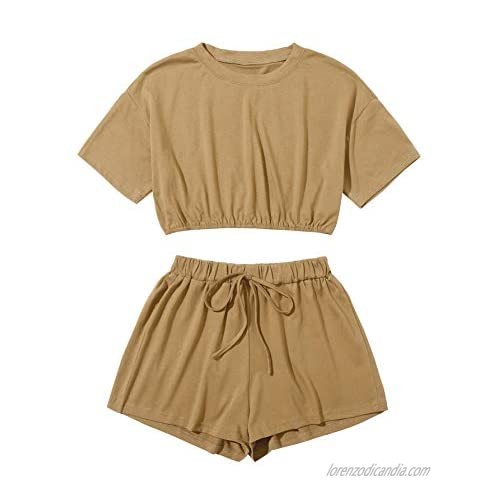 MakeMeChic Women's Solid Short Sleeve Crop Top & Drawstring Waist Shorts 2 Piece Outfits