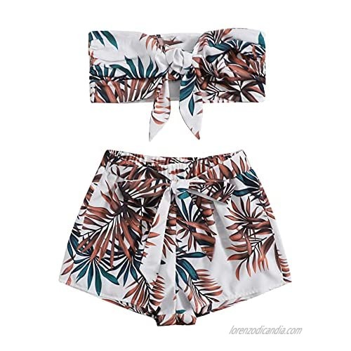 Milumia Women's Tropical Print Outfit Knot Front Bandeau Top Crop Tube Top Shorts Set Multicolor Medium