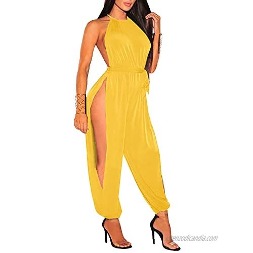 Ophestin Women Sexy Spaghetti Strap Jumpsuit One Piece Women Halter Sleeveless Party Outfits High Split Pants Bandage Romper