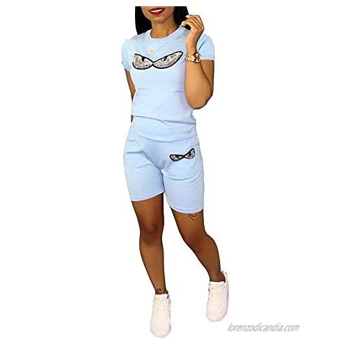 Remelon Women Short Sleeve Sequin Eyes Patchwork T Shirt Top Bodycon Shorts Set 2 Piece Romper Outfits Tracksuits
