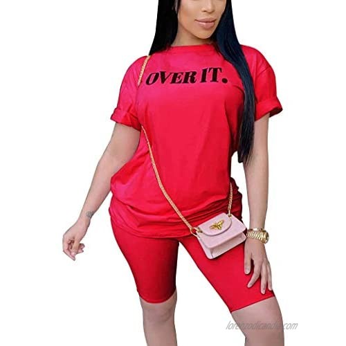 Remelon Womens Casual Short Sleeve Letters Print T Shirt Top Bodycon Short Pants Joggers Set 2 Piece Outfits Rompers