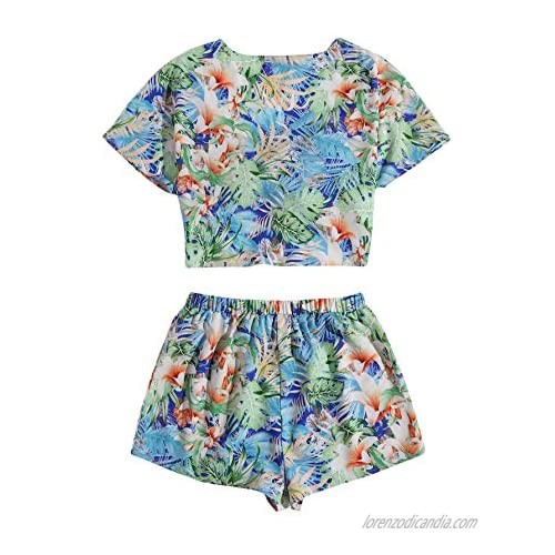 Romwe Women's 2 Piece Outfit Boho Tropical Print Short Sleeve Knot Front Crop Tops and Shorts Set
