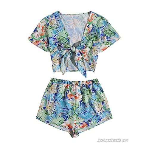 Romwe Women's 2 Piece Outfit Boho Tropical Print Short Sleeve Knot Front Crop Tops and Shorts Set