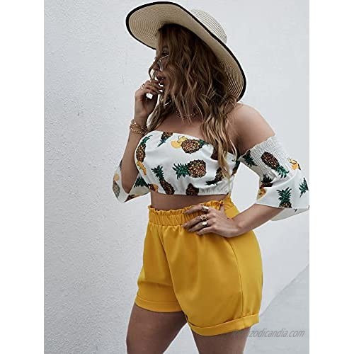 Romwe Women's Plus Size Off The Shoulder Crop Tops and Shorts Beach 2 Piece Outfit