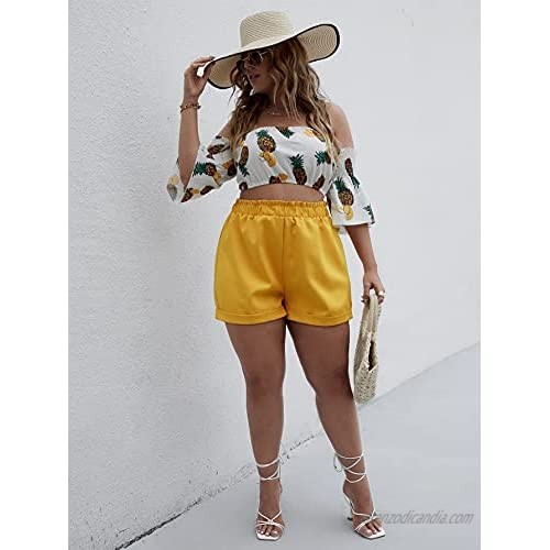 Romwe Women's Plus Size Off The Shoulder Crop Tops and Shorts Beach 2 Piece Outfit